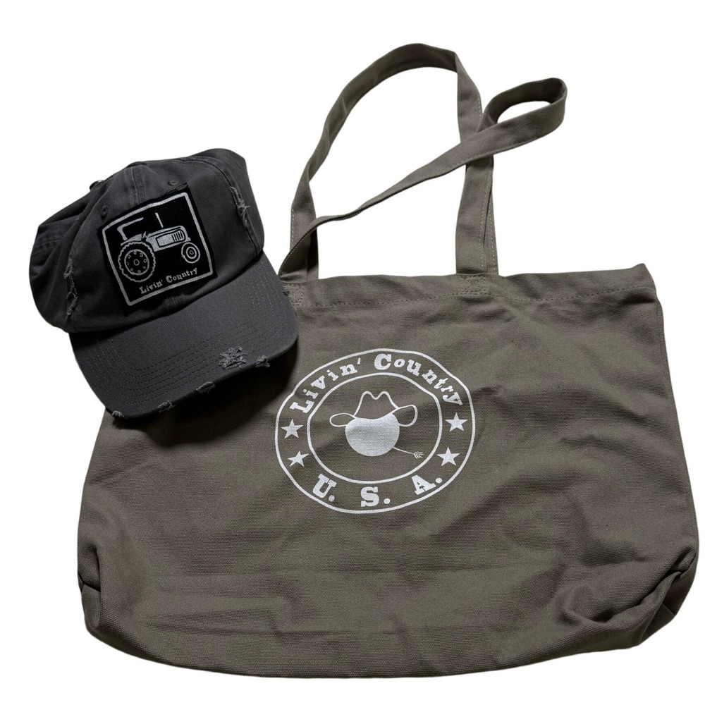 Livin' Country USA Hat & Toteβ Bag Set NWOT Grey Olive Distressed Tractor Farm
